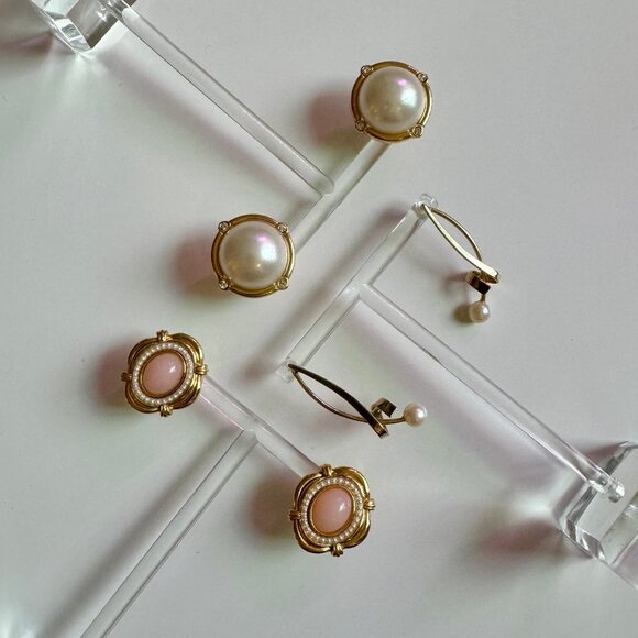 Gold and Pearl Earrings Set of 3 - Picture 1 of 6